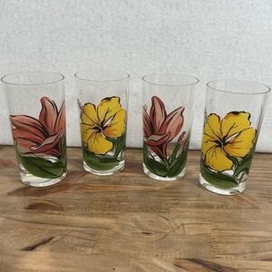 Set‎ of 4 Vintage Hand Painted Floral Glasses 5" tall 1950s